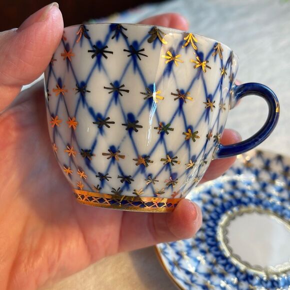 VTG Lomonosov Imperial Porcelain Tulip net pattern cobalt blue 22K gold teacup s - Picture 7 of 13